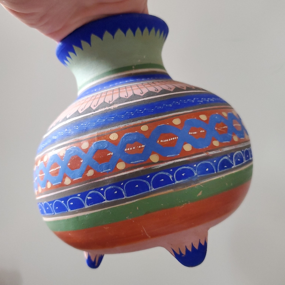 Vibrant Red Clay Pottery Vessel Vase Hand-Painted Geometric Southwestern Boho